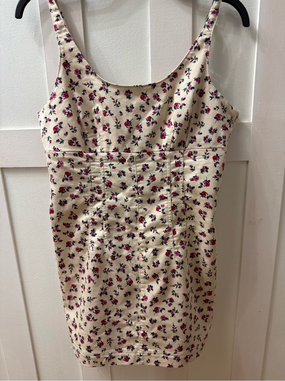 Floral Cream Mini Dress with Pink Rose Print